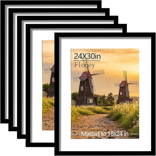 24x30 Picture Frame Set of 5, Black Poster Frame, Display Pictures 18 x 24 with Mat or 20 x 30 Without Mat for Horizontal or Vertical Wall Mounting, Wall Gallery Frame