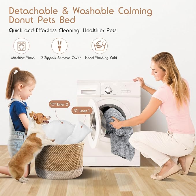 Calming Donut Dog Bed Medium Size Removable Cover + 2 PCS Cooling Rattan Pet Mat, Fluffy Comfort Anti-Anxiety Washable Round Pets Bed with Double-Sided Cool Pad for Medium Dogs/Cat, 31" Gray
