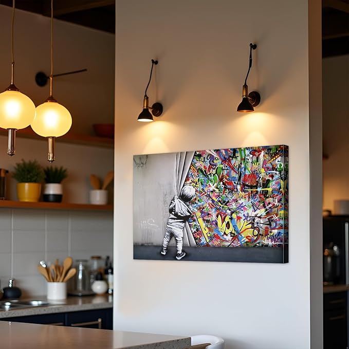 Banksy Canvas Wall Art Colorful Behind The Curtain Posters - 16x24 Inches Built-in Wooden Frame, Lightweight & Ready to Hang, Graffiti Banksy Wall Art Street Prints for Bedroom, Living Room Decor