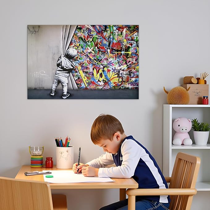 Banksy Canvas Wall Art Graffiti Wall Art Behind The Curtain Picture - 28x40 Inches Built-in Wooden Frame, Lightweight & Ready to Hang, Urban Street Art for Office, Bedroom, Living Room Decor