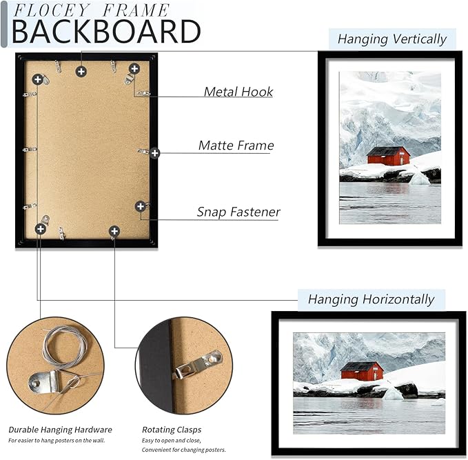 20x28 Picture Frame Set of 5, Black Poster Frame, Display Pictures 16 x 24 with Mat or 20 x 28 Without Mat for Horizontal or Vertical Wall Mounting, Wall Gallery Frame