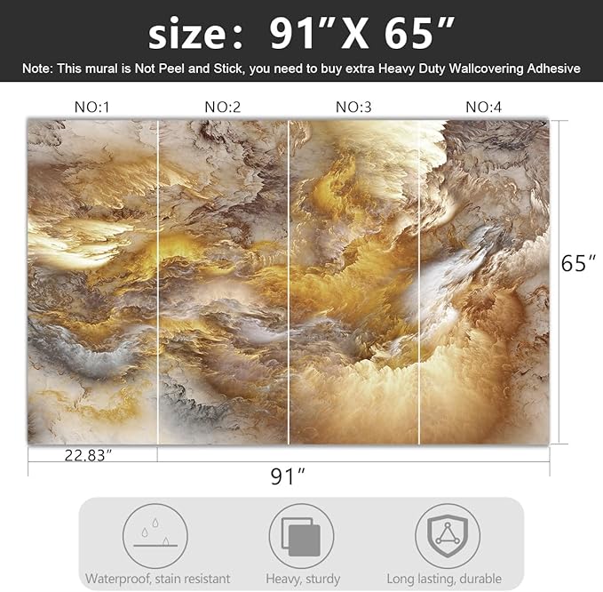 -Golden Clouds Ceiling Fabric Wallpaper Living Room Bedroom Bathroom Modern Boys Girls Kids Room Abstract Large Mural- 91"x65"（ not Peel and Stick）