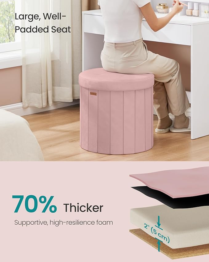 SONGMICS Mazie Collection - Round Storage Ottoman, Folding Footrest Stool with Removable Lid, Easy Assembly, Velvet Vanity Stool for Bedroom, Living Room, Entryway, Jelly Pink ULSF608R01