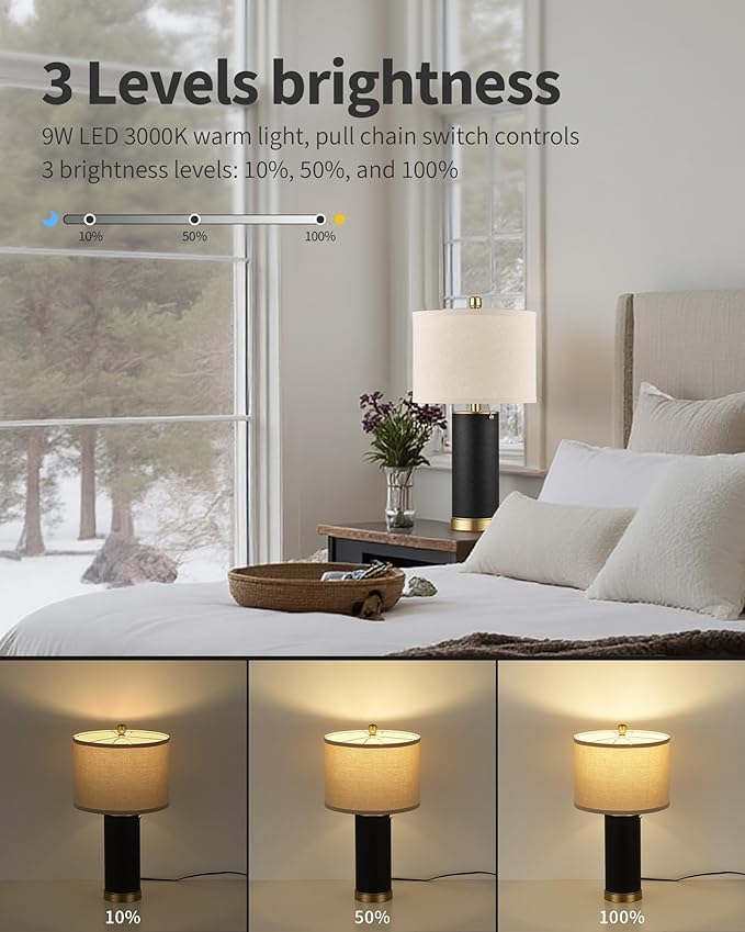 KDG 23.4" Black PU Leather Table Lamps for Living Room Set of 2, 3 Level Brightness LED Modern Home Decor Fabric Lampshade Desk Lamp Lighitng for Bedroom, Bedside, Farmhouse, Nightstand, Night Light