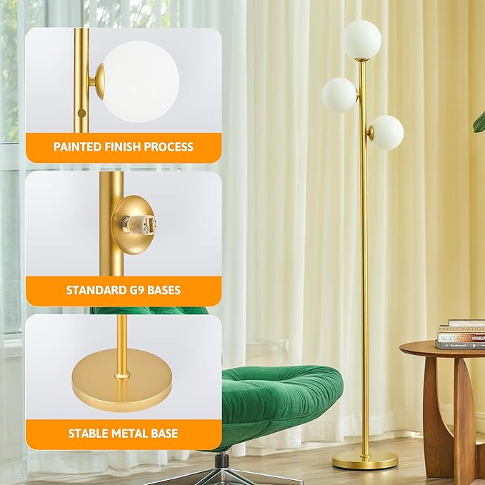 VONLUCE Mid Century Modern Floor Lamp 65", 3 Globe Lights Standing Lamp with LED Bulbs & Frosted Shades, Contemporary Dimmable Tall Pole Lamp for Living Room Bedroom Office, Gold