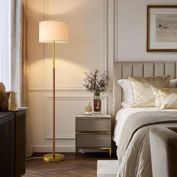 61" Wood Floor Lamp 2-Light for Living Room Standing Tall Lamps Mid Century Modern Floor Lamps for Bedroom Office Nursery Corner Industrial Reading Room Lamp, 3 Color Temperatures 9W Bulbs Included