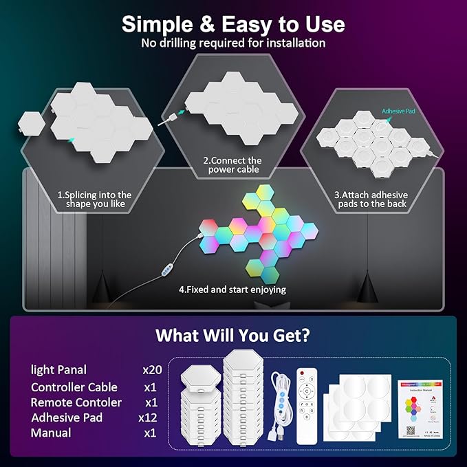 OJQ 20 Pack Hexagon Lights Wall RGB Panel - Hexagonal Led Lights Room Decor Wall Lights Smart APP Music with Sync Honeycomb Shape Panels Hexagon Gaming Lights for Bedroom Children