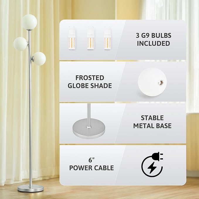 VONLUCE Mid Century Modern Floor Lamp 65", 3 Globe Lights Standing Lamp with LED Bulbs & Frosted Shades, Contemporary Dimmable Tall Pole Lamp for Living Room Bedroom Office, Nickel