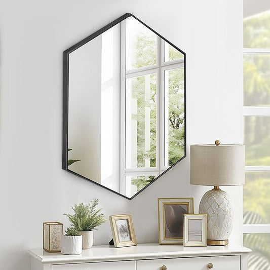 SogesHome Bathroom Medicine Cabinet with Mirror, Hexagon Mirror with 3-Tier Cabinet, Stainless Steel Frame and 2 Shelves for Bathroom, Bedroom, Entryway, Black