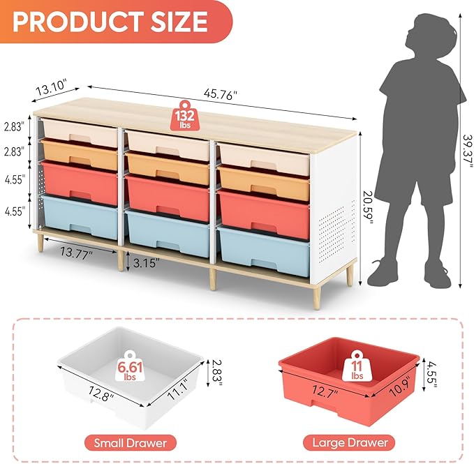 12-Drawer Storage Cabinet with Wooden Tabletop, Versatile Cube Storage Organizer Bin Storage for Home, Office, Playroom, Classroom & Craft Room Storage (Rainbow)