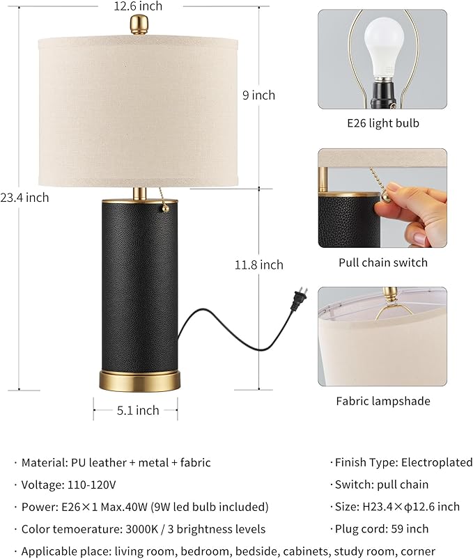 KDG 23.4" Black PU Leather Table Lamps for Living Room Set of 2, 3 Level Brightness LED Modern Home Decor Fabric Lampshade Desk Lamp Lighitng for Bedroom, Bedside, Farmhouse, Nightstand, Night Light