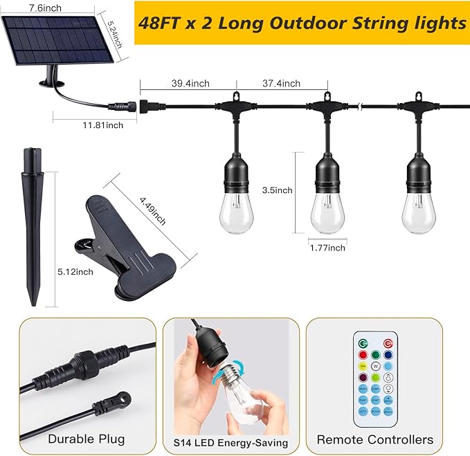 Solar String Lights Outdoor, 96FT Dimmable Patio Lights with Shatterproof Bulbs, Waterproof Commercial Grade Fairy Lights for Garden