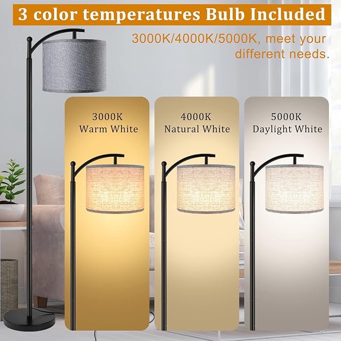 Floor Lamp with 3CCT LED Bulb, Gray Linen Lamp Shade for Living Room, Modern Standing Lamp for Bedrooms - Black