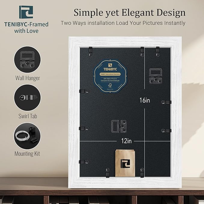 12x16 Picture Frame 4 Pack, HD Tempered Glass, Elegant Wood Grain, Classic White Photo Frame, Wall Hanging - Bedroom Decoration