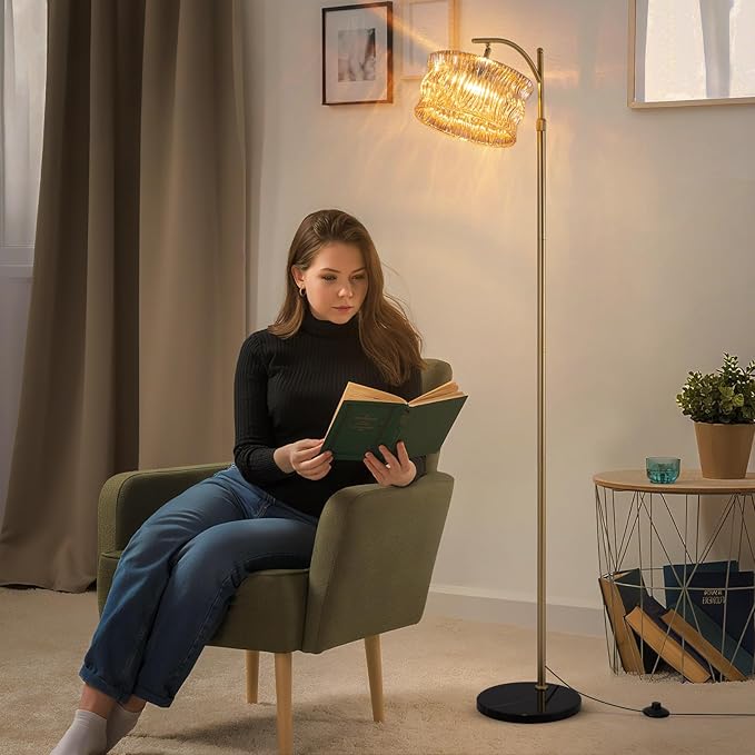 Vintage Gold Floor Lamp for Living Room, Amber Glass Lampshade Modern Standing Lamp with Remote, Mid Century Dimmable Tall Lamp for Bedroom, Study Room (Bulb Included)