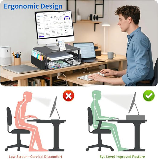 AUPSEN Wood Computer Monitor Stand Riser, 2-Tier Black Desk Organizer with Drawer, Pen Storage & Phone Holder ，Office Desk Accessories Desktop Organizer for Office Supplies