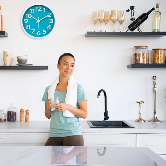 10 Inch Wall Clock Silent Non-Ticking,Modern Wall Clocks Battery Operated Easy to Read Quartz Analog Clock for Kitchen Bedroom Classroom School Bathroom Decor,Coastal Beach Theme (Aqua)