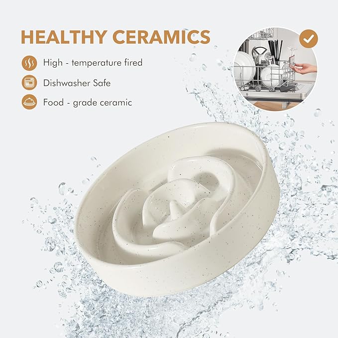 Ceramic 8.2inch Dog Bowl Slow Feeder for Medium and Large Dog, Pet Slow Dish, Stop Bloat, Preventing Choking(Single Bowl, Vanilla White)