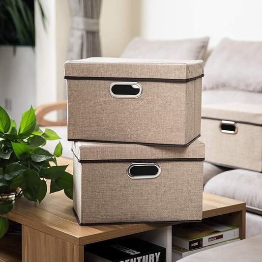 PRANDOM Collapsible Storage Cubes with Lids [1-Pack] Jute Fabric Foldable Storage Boxes Organizer Containers Baskets Bins with Cover for Home Bedroom Closet Office Nursery (14.9x9.8x9.8)