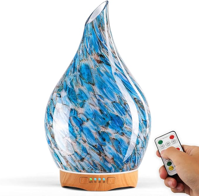 Porseme 280ml Essential Oil Diffuser Glass Color Changing Aroma Air Diffusers Aromatherapy Ultrasonic Cool Mist Humidifier with Remote Control 7 Running Hours Waterless Auto-Off (Light Blue)