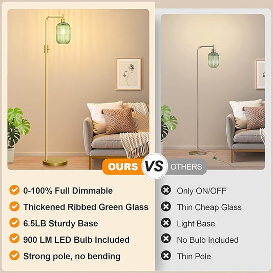 【Upgraded】 Dimmable Glass Floor Lamp for Living Room, Modern Gold Standing Lamp with Green Ribbed Glass Lampshade & Knob Dimmer, Arc Tall Lamp for Bedroom Office Reading Room, 2700K Led Bulb Included