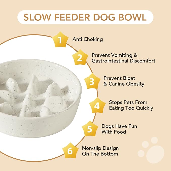 Ceramic 7.3inch Dog Bowl Slow Feeder for Fast Eaters, Slow Pet Food Dish for Small and Medium Dog, Stop Bloat, Preventing Choking(Single Bowl, Vanilla White)