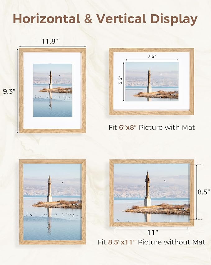 Marsmiles 8.5x11 Wooden Picture Frame, USA-Sourced Natural Oak Solid Wood Photo Frame with Plexiglass for Display Pictures 6x8 with Mat or 8.5x11 without Mat, Natural, 3 Pack