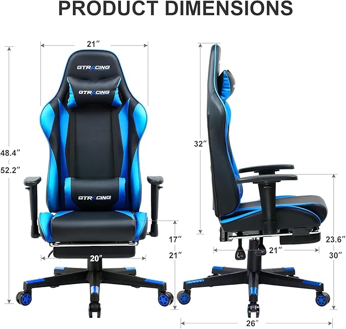 GTRACING Gaming Chair with Footrest, Ergonomic Computer Game Desk Chair, Reclining Game Chair Seat Height Adjustment, Swivel Rocker with Headrest and Lumbar (Blue)