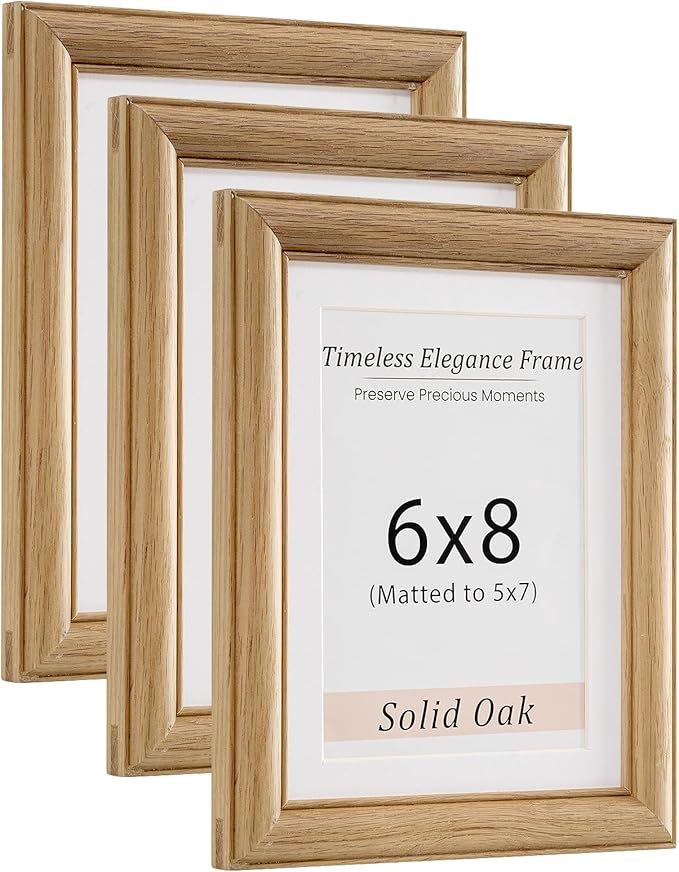 Vivelove 6x8 Picture Frame, Solid Oak Wood 6x8 Frame Display 5x7 with Mat or 6 x 8 Without Mat, 6 by 8 Photo Frame for Wall & Tabletop Display, Natural Oak Color, 3 Pack