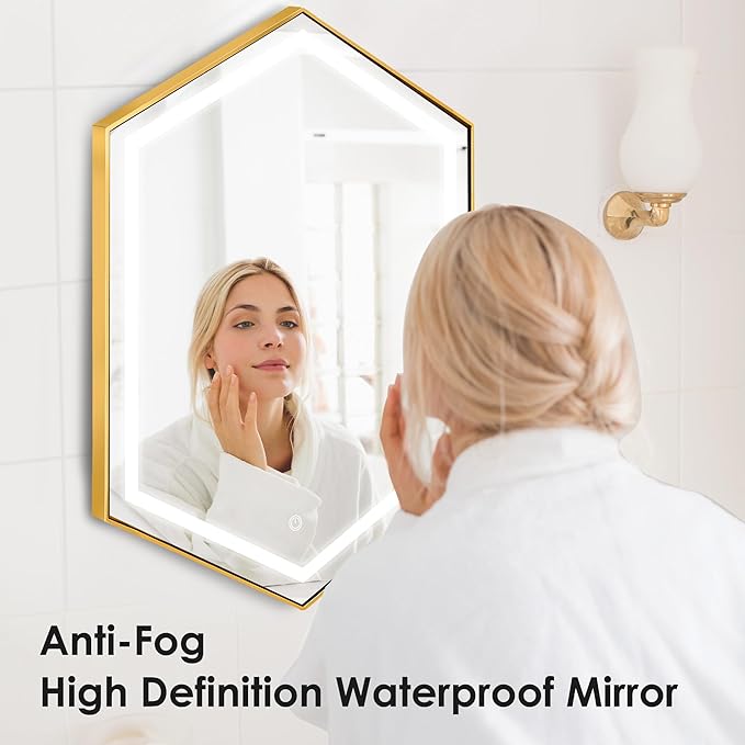 SogesHome Mirror Medicine Cabinet with 3-Color LED Lights, Hexagon Vanity Mirror Storage with 3-Tier Cabinet, Stainless Steel Frame and 2 Shelves for Bathroom, Bedroom, Entryway, Gold