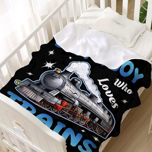 Boy Who Loves Trains Blanket Soft Blankets and Throws Flannel Cozy Lightweight Quilt Gift for Train Lovers for Bed Sofa Couch-40x30 Inches