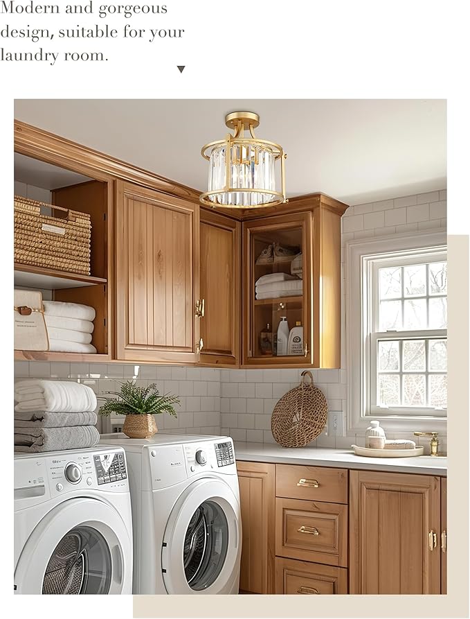 Crystal Semi Flush Mount Chandelier, 11'' Gold Ceiling Light, Modern Flush Mount Light Fixture for Bedroom Kitchen Laundry Entryway, CL4832-1W-PG