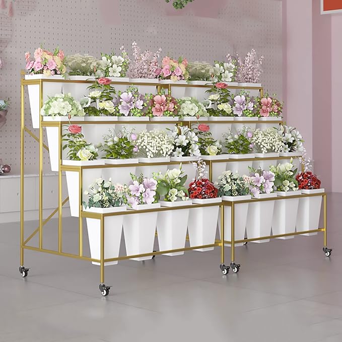 Flower Display Stand With 12PCS Buckets, 3 Layers Metal Plant Stand with Wheels, Heavy Duty Moving Plant Cart Shelf, for Indoor, Outdoor Patio Garden, Living Room, Florist (White - Square Bucket)