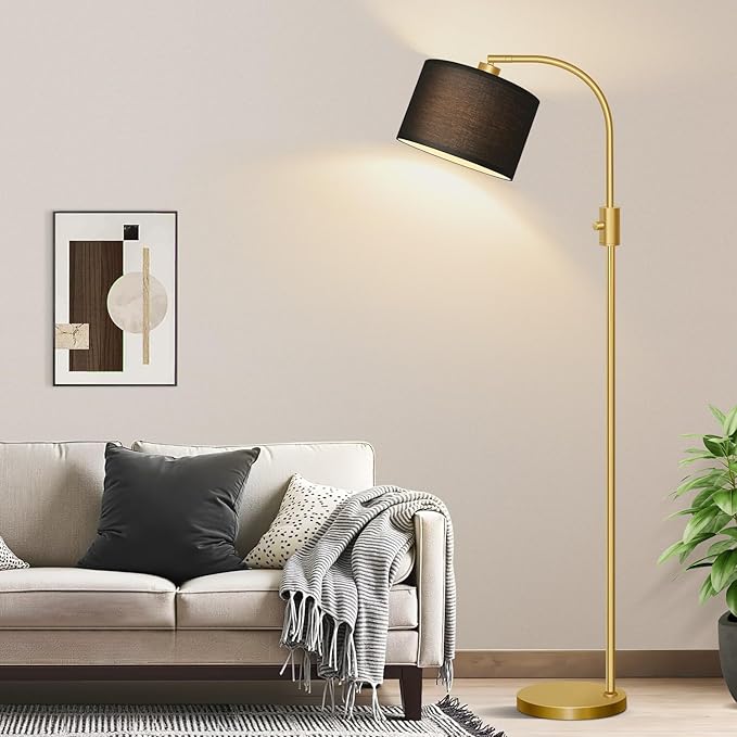 【Upgraded】 Dimmable Gold Floor Lamp, 1200 Lumens LED Bulb Included, Arc Floor Lamps for Living Room Modern Standing Lamp with Black Shade, Tall Lamp for Living Room Bedroom Office Reading Room Nursery