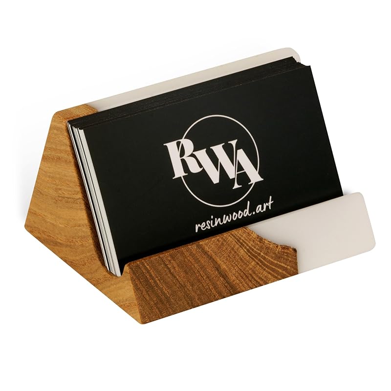 RWA Unique Business Card Holder for Men & Women - Stylish Durable Business Card Display Stand - Premium Desktop Business Card Holders Epoxy Wood Desk Organizer - Office Desk Accessories, BASIC, white