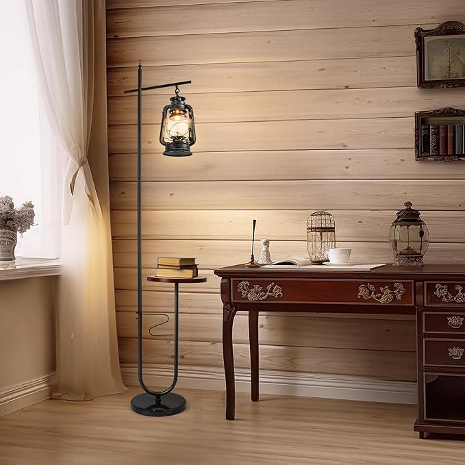 Vintage Floor Lamp with Table,Classical Lantern Standing Rustic Farmhouse Nightstand Hanging Arc Floor Lamp with Black Silver Finish,for Living Room,Bedroom,Reading Room(Silver)