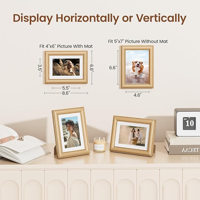 Vivelove 5x7 Picture Frame, Solid Oak Wood 5x7 Frame Display 4x6 with Mat or 5 x 7 Without Mat, 5 by 7 Photo Frame for Wall & Tabletop Display, Natural Oak Color, 1 Pack
