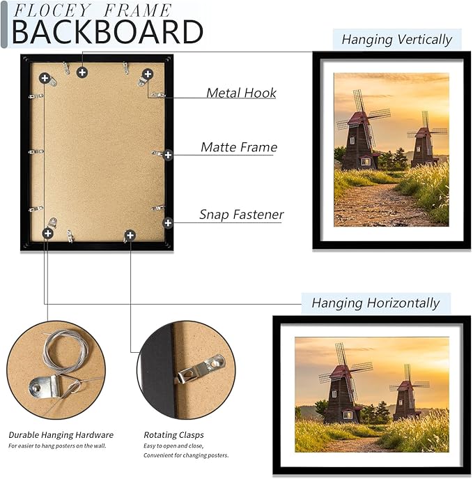 22x28 Picture Frame Set of 5, Black Poster Frame, Display Pictures 18 x 24 with Mat or 22 x 28 Without Mat for Horizontal or Vertical Wall Mounting, Wall Gallery Frame