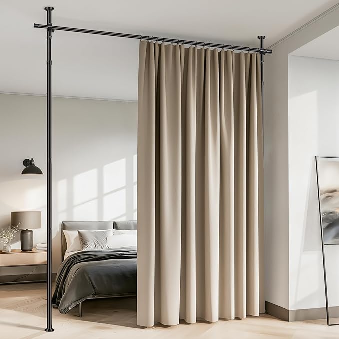 Room Divider Tension Rod No Drill, Adjustable 35-100" W x 43-120" H Freestanding Pole for Privacy,Room Divider Curtains,Black