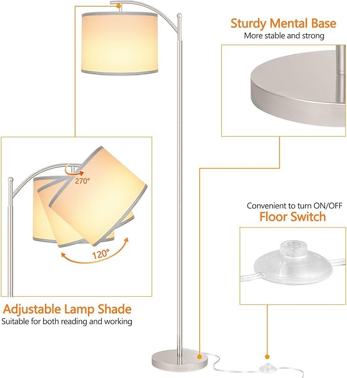 Rottogoon Floor Lamp for Living Room, LED Standing Lamp with 2 Lamp Shades for Bedroom, 9W LED Bulb Included - Silver