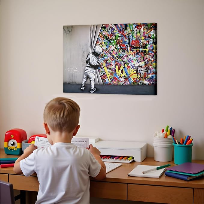 Banksy Canvas Wall Art Colorful Behind The Curtain Posters - 16x24 Inches Built-in Wooden Frame, Lightweight & Ready to Hang, Graffiti Banksy Wall Art Street Prints for Bedroom, Living Room Decor