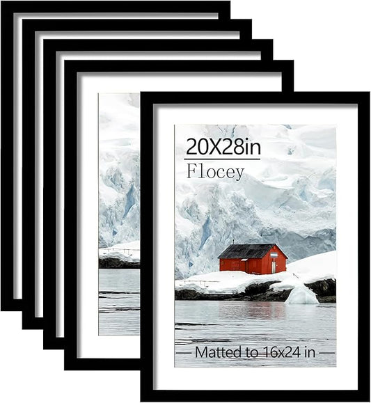 20x28 Picture Frame Set of 5, Black Poster Frame, Display Pictures 16 x 24 with Mat or 20 x 28 Without Mat for Horizontal or Vertical Wall Mounting, Wall Gallery Frame