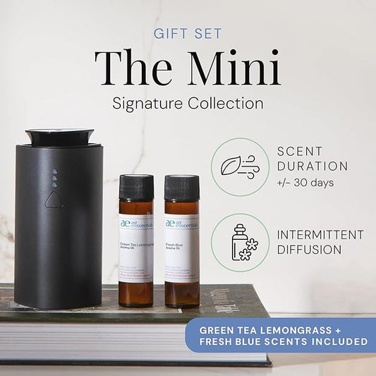 'The Mini' Gift Set, Mini Essential Oil Diffuser with Green Tea Lemongrass & Fresh Blue, Rechargeable & Waterless Small Oil Diffuser, 300 sq. ft. Coverage, Signature Scent Collection