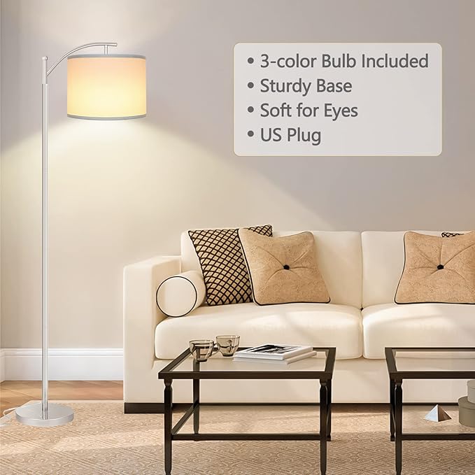Rottogoon Floor Lamp for Living Room, LED Standing Lamp with 2 Lamp Shades for Bedroom, 9W LED Bulb Included - Silver