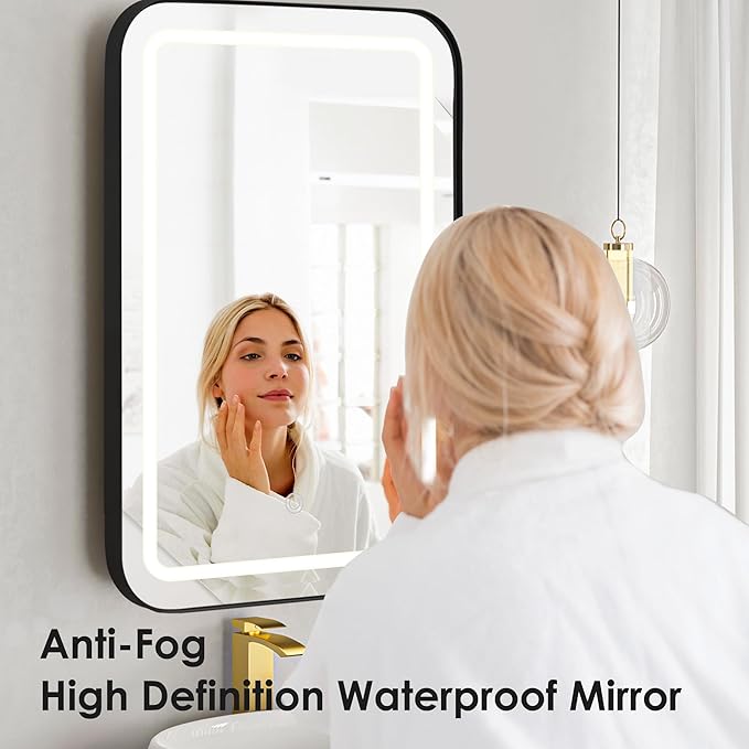 SogesHome Wall Mounted Mirror Medicine Cabinet 24"X16" with LED Lights, Rectangular Vanity Mirror Storage with Shelves, Modern Recessed Mirror Medicine Cabinet for Bathroom, Bedroom, Black