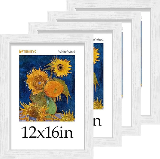 12x16 Picture Frame 4 Pack, HD Tempered Glass, Elegant Wood Grain, Classic White Photo Frame, Wall Hanging - Bedroom Decoration