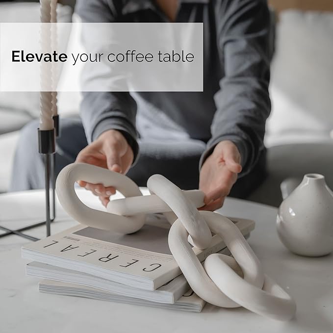 Wood Chain Link Decor - White Wooden Decorative Objects for Shelves, Coffee Table Sculpture, Book Shelf Accessories, Modern Shelf Decor Accents, Console or Entryway Table Decorations