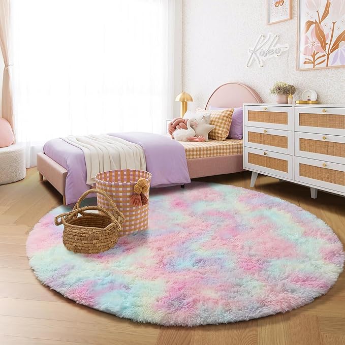 Amdrebio Rainbow Fluffy Round Rug 7Ft Kids Rugs for Girls Bedroom, Unicorn Room Decor, Colorful Pastel Big Large Carpet for Baby Nursery Playroom, Cute Shaggy Kawaii Circle Area Rug for Teen Princess