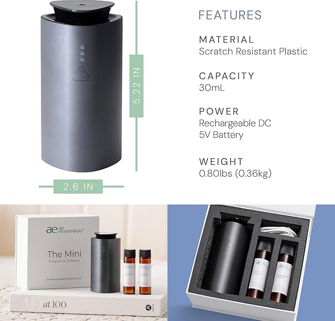 'The Mini' Gift Set, Mini Essential Oil Diffuser Kit for Home, Rechargable & Waterless Small Oil Diffuser, Covers 300 Sq. Ft. Coverage, Luxury Collection