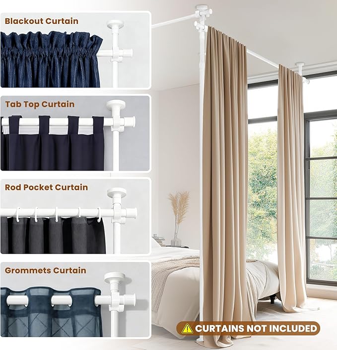 White Room Dividers Tension Curtain Rod, No Drilling Adjustable 72-200" W x 43-120" H Pole,Divider for Room Separation